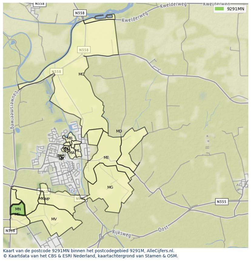 Afbeelding van het postcodegebied 9291 MN op de kaart.