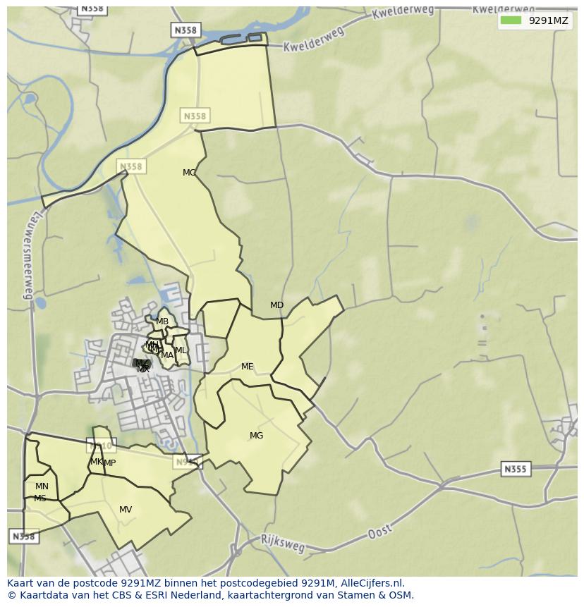 Afbeelding van het postcodegebied 9291 MZ op de kaart.