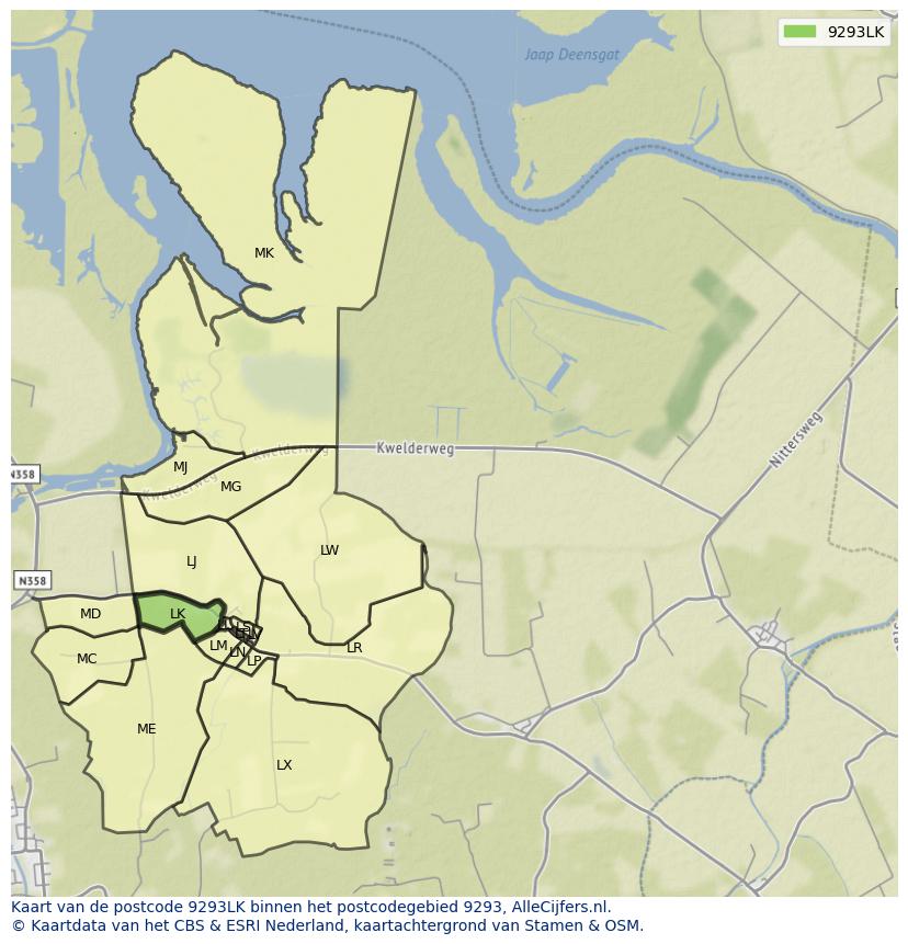 Afbeelding van het postcodegebied 9293 LK op de kaart.
