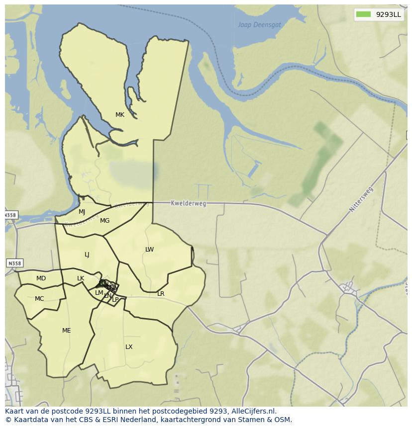 Afbeelding van het postcodegebied 9293 LL op de kaart.