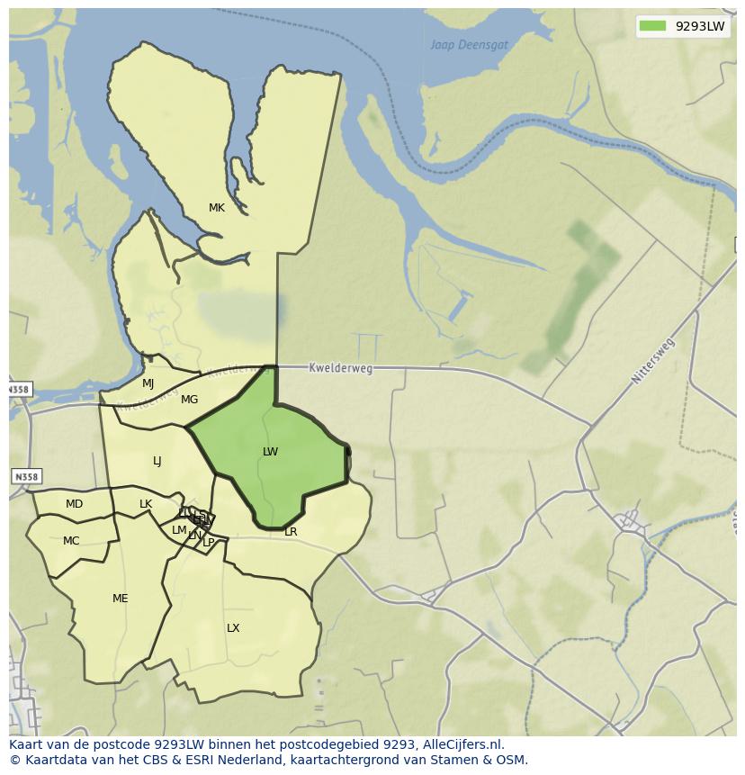 Afbeelding van het postcodegebied 9293 LW op de kaart.