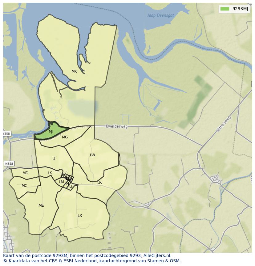 Afbeelding van het postcodegebied 9293 MJ op de kaart.