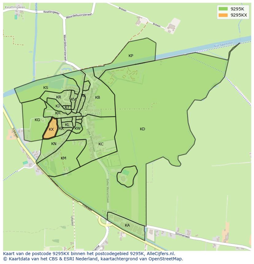 Afbeelding van het postcodegebied 9295 KX op de kaart.