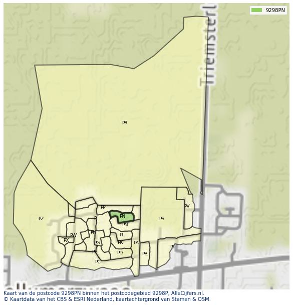 Afbeelding van het postcodegebied 9298 PN op de kaart.