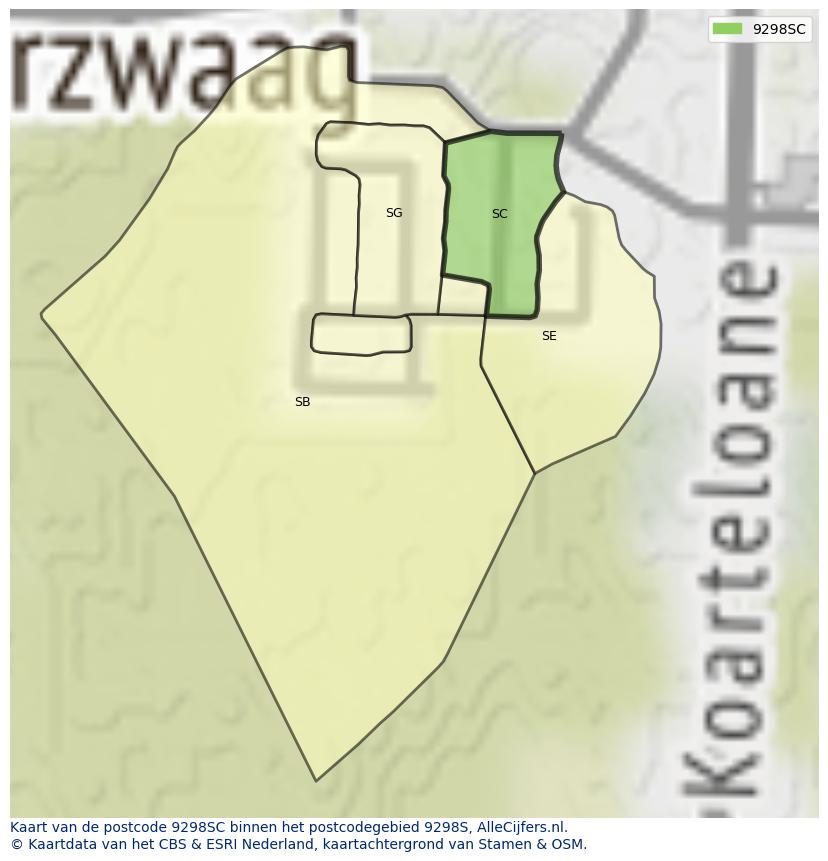 Afbeelding van het postcodegebied 9298 SC op de kaart.
