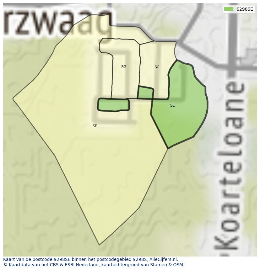 Afbeelding van het postcodegebied 9298 SE op de kaart.