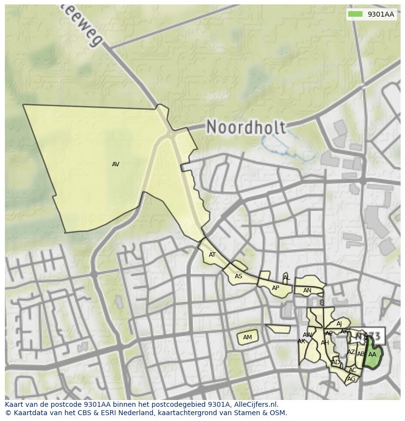 Afbeelding van het postcodegebied 9301 AA op de kaart.