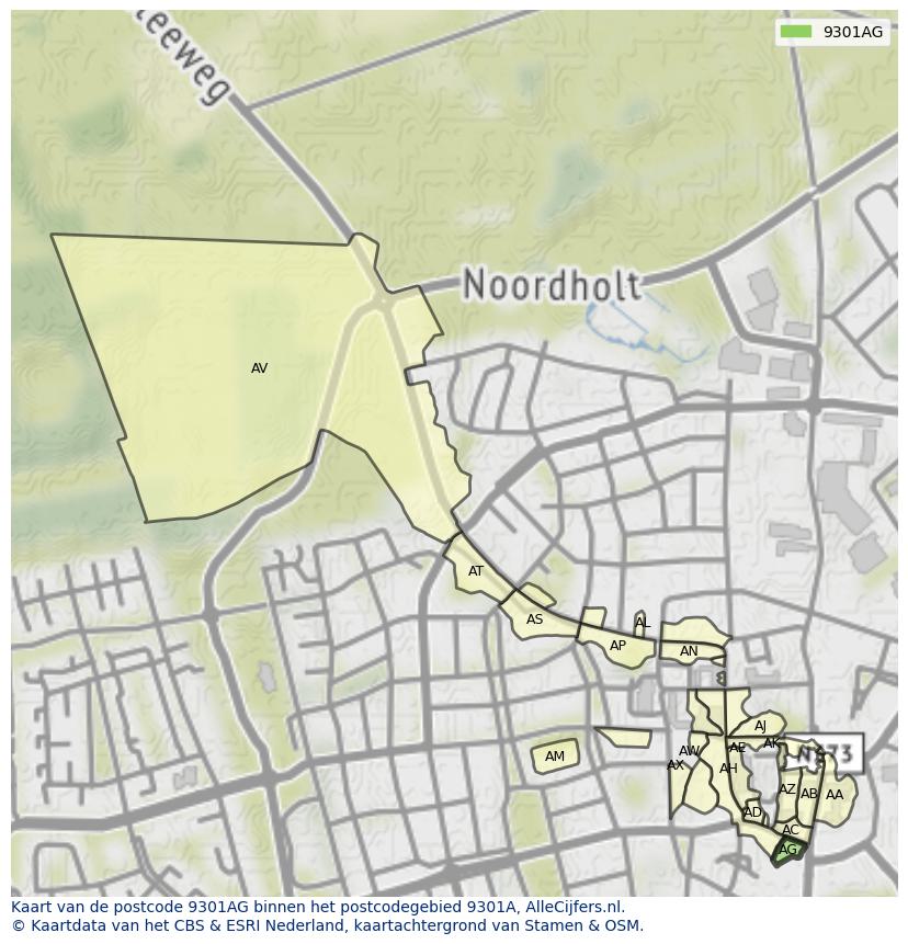 Afbeelding van het postcodegebied 9301 AG op de kaart.