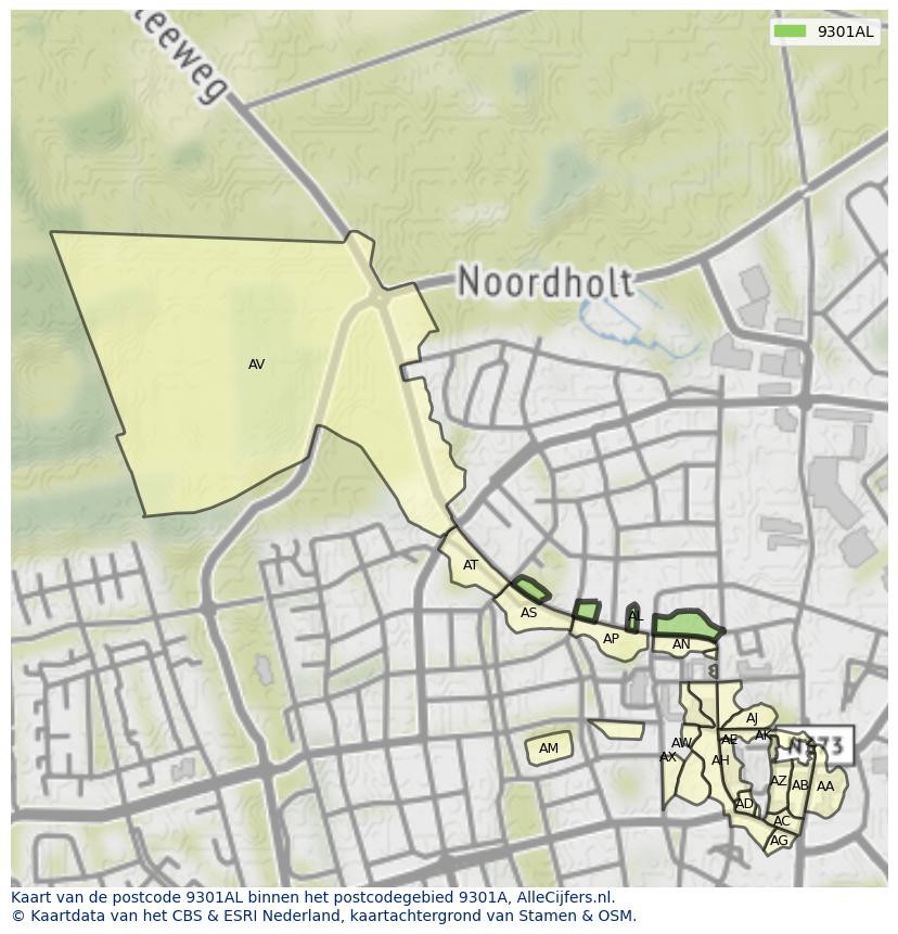 Afbeelding van het postcodegebied 9301 AL op de kaart.