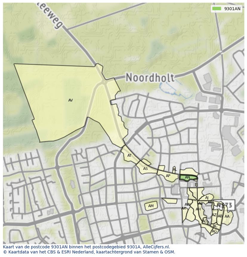 Afbeelding van het postcodegebied 9301 AN op de kaart.