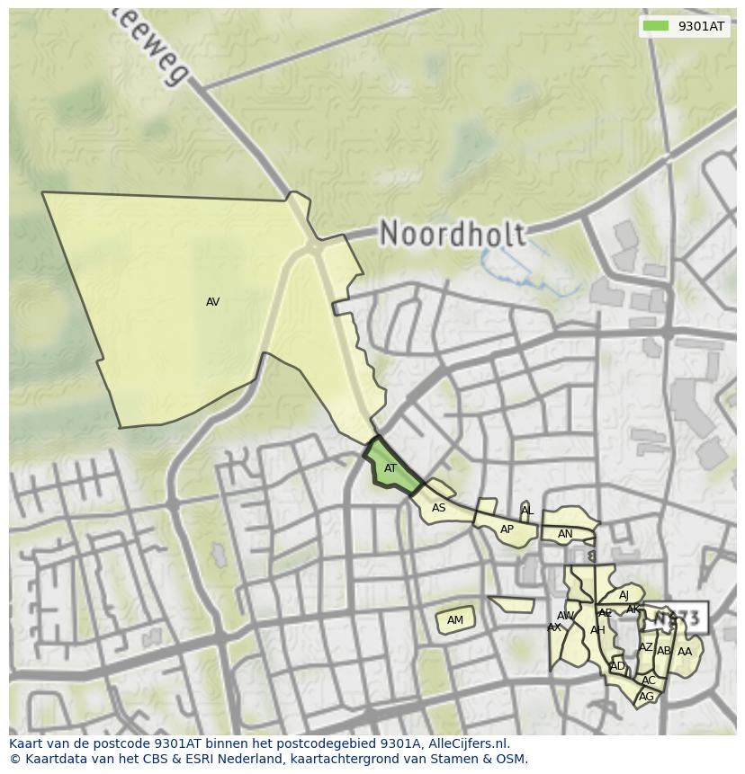 Afbeelding van het postcodegebied 9301 AT op de kaart.