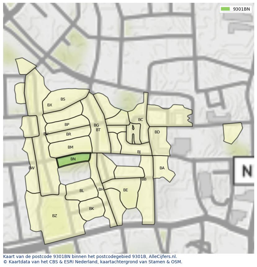 Afbeelding van het postcodegebied 9301 BN op de kaart.