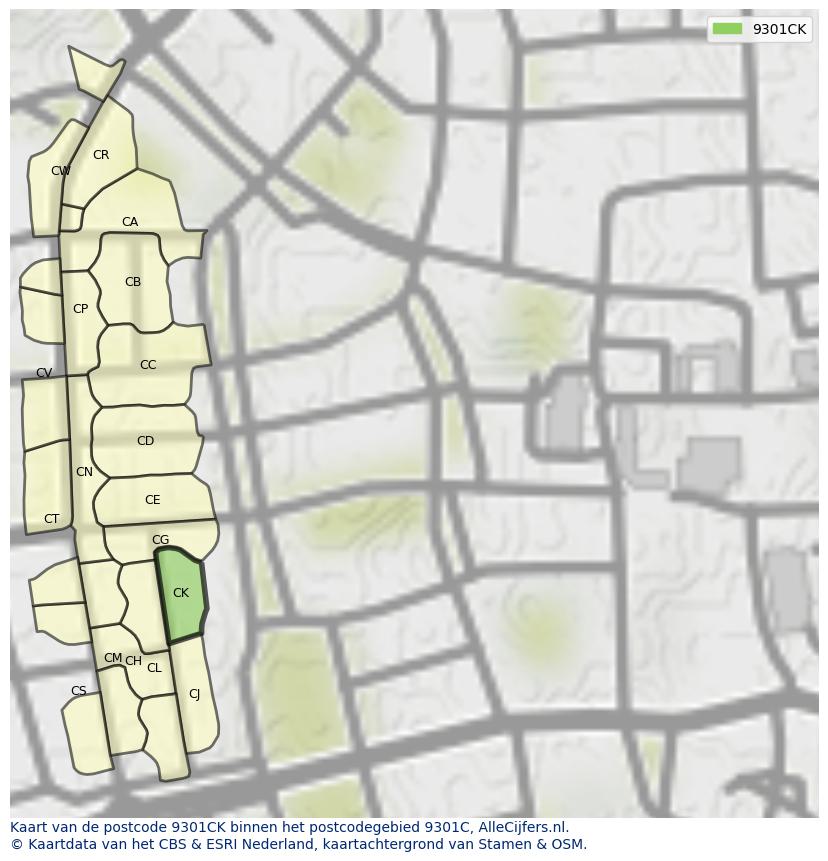 Afbeelding van het postcodegebied 9301 CK op de kaart.
