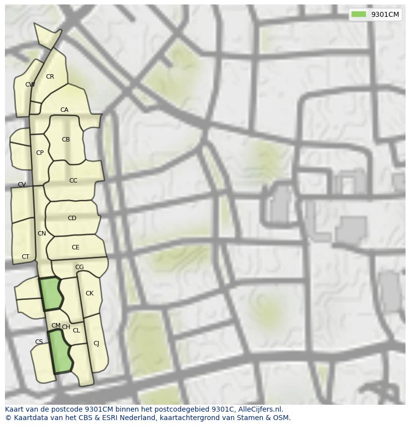 Afbeelding van het postcodegebied 9301 CM op de kaart.