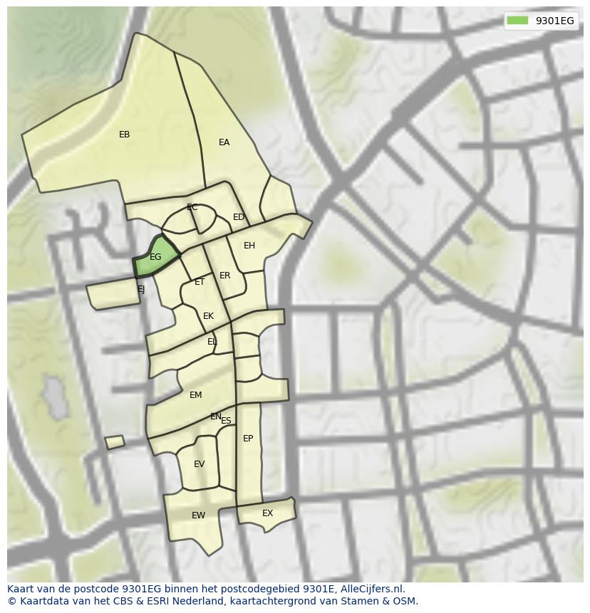 Afbeelding van het postcodegebied 9301 EG op de kaart.