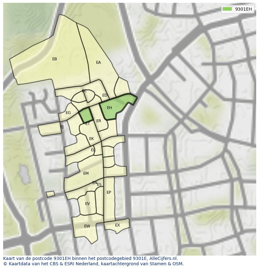 Afbeelding van het postcodegebied 9301 EH op de kaart.