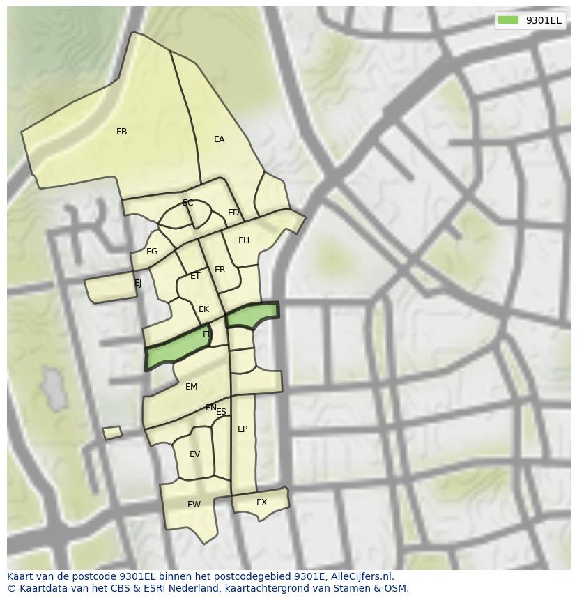 Afbeelding van het postcodegebied 9301 EL op de kaart.