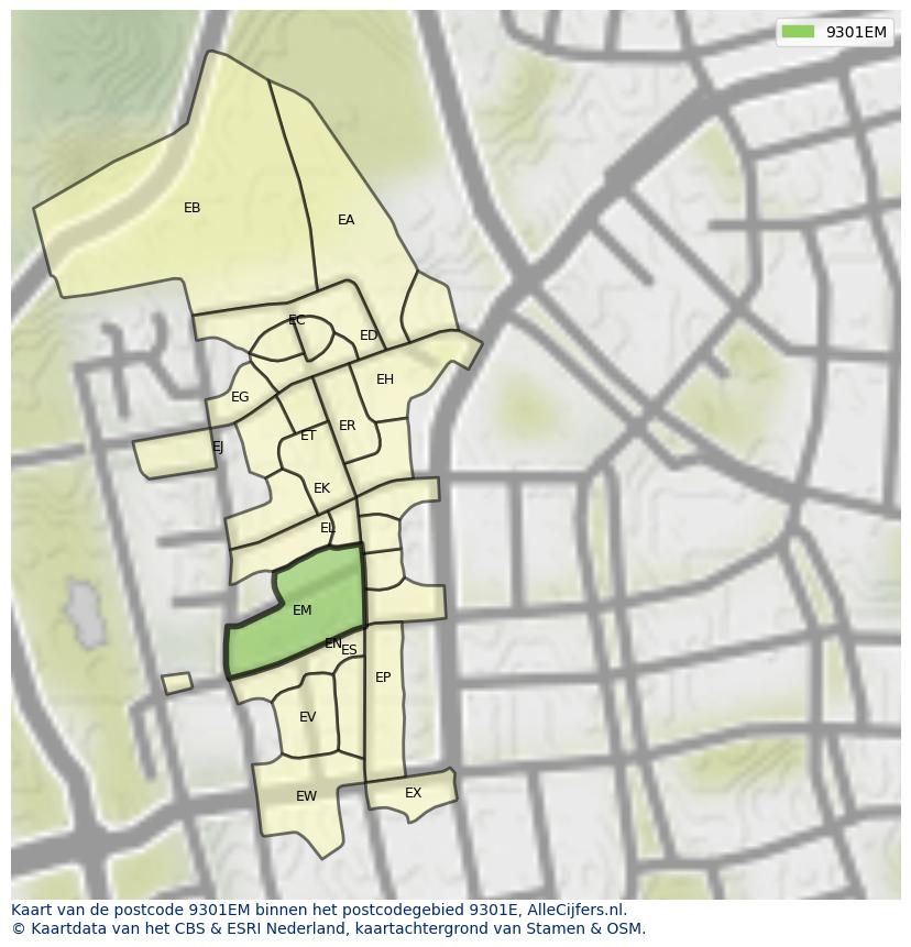 Afbeelding van het postcodegebied 9301 EM op de kaart.