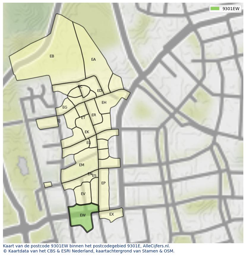 Afbeelding van het postcodegebied 9301 EW op de kaart.