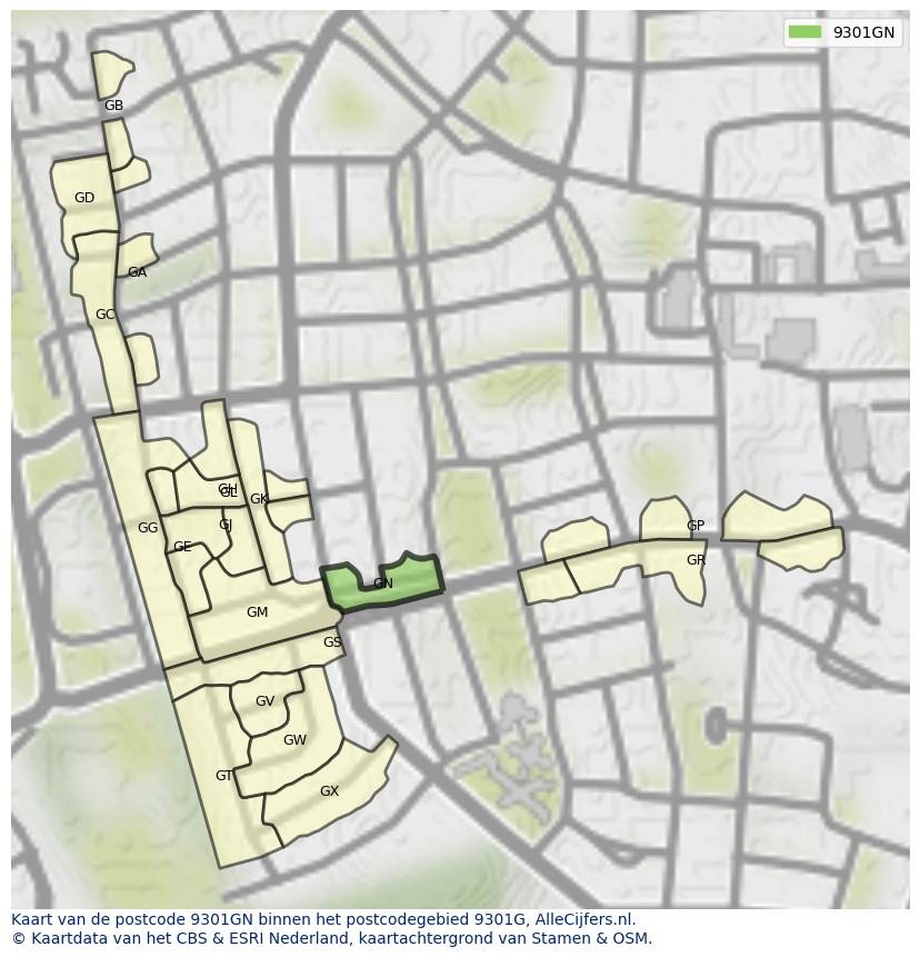 Afbeelding van het postcodegebied 9301 GN op de kaart.