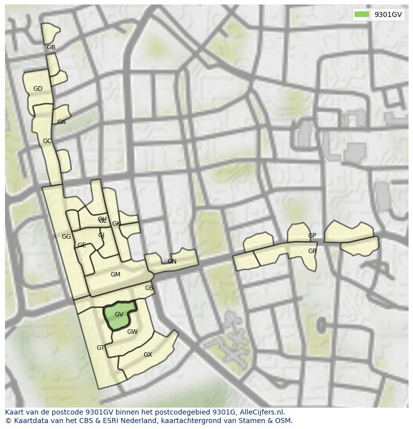 Afbeelding van het postcodegebied 9301 GV op de kaart.