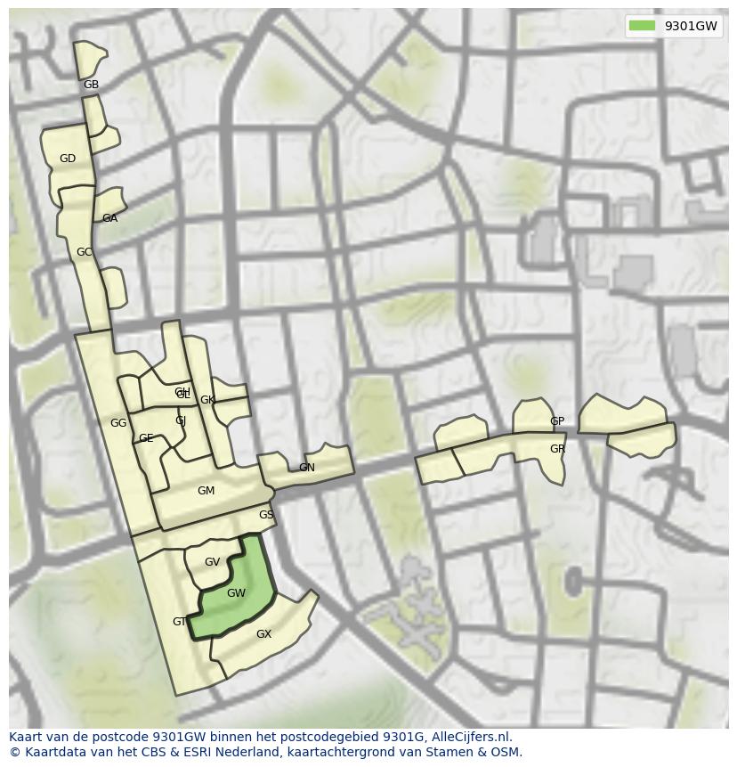 Afbeelding van het postcodegebied 9301 GW op de kaart.