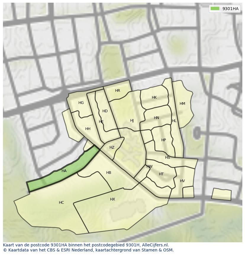 Afbeelding van het postcodegebied 9301 HA op de kaart.