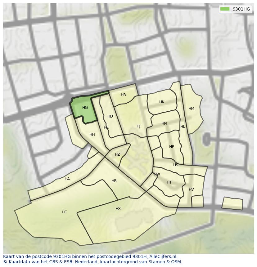 Afbeelding van het postcodegebied 9301 HG op de kaart.