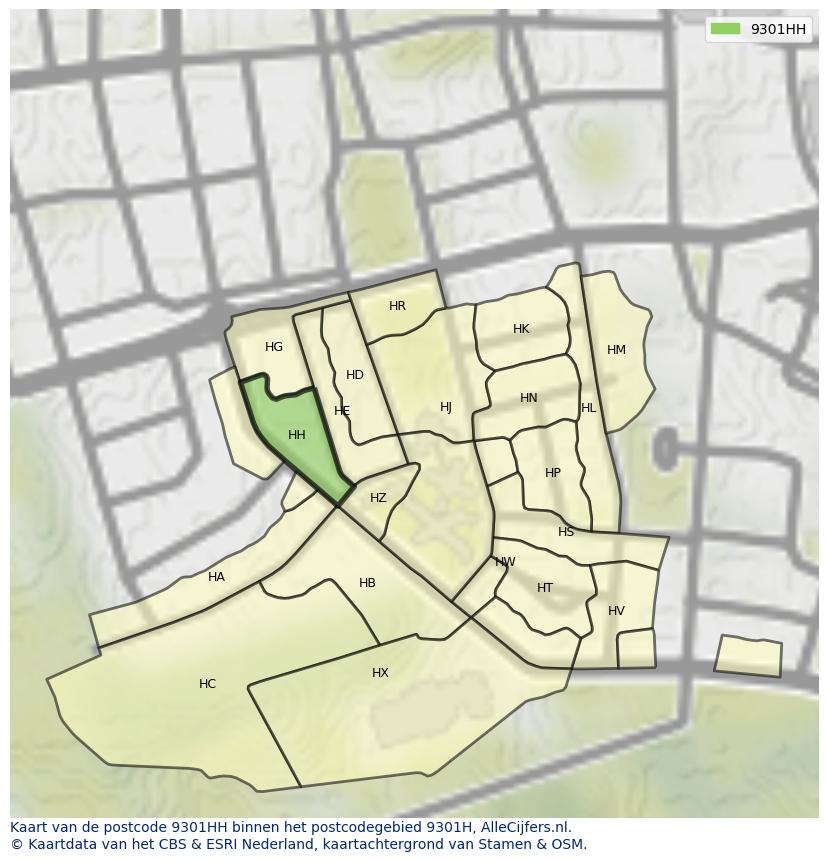 Afbeelding van het postcodegebied 9301 HH op de kaart.