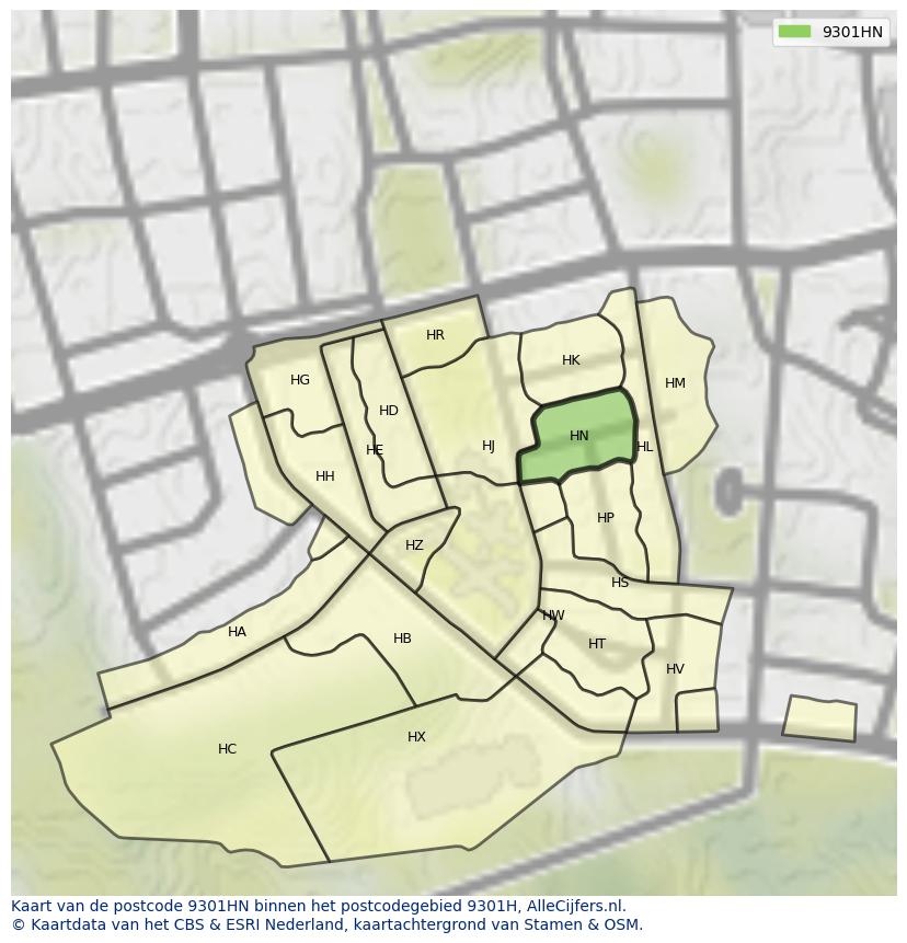 Afbeelding van het postcodegebied 9301 HN op de kaart.