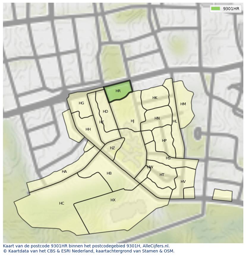 Afbeelding van het postcodegebied 9301 HR op de kaart.