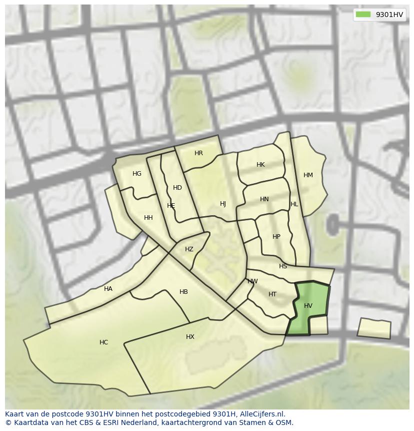 Afbeelding van het postcodegebied 9301 HV op de kaart.