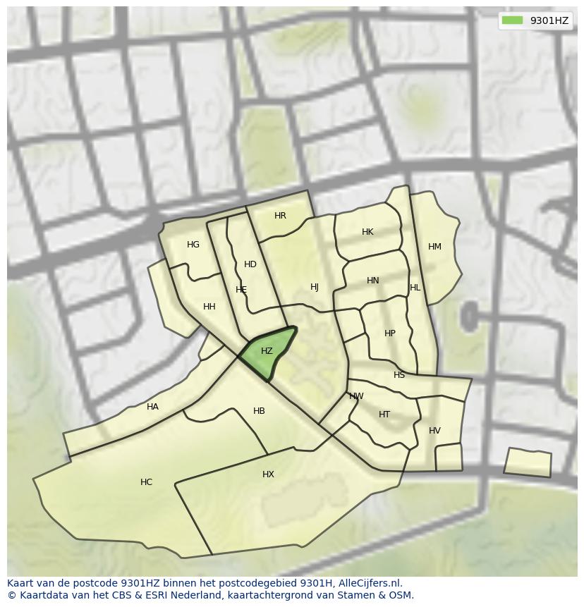 Afbeelding van het postcodegebied 9301 HZ op de kaart.