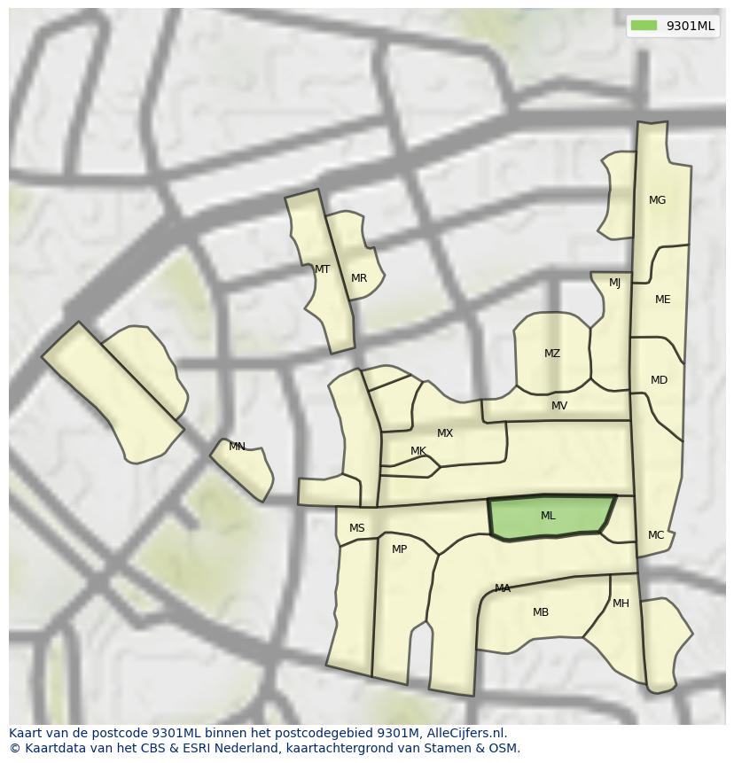 Afbeelding van het postcodegebied 9301 ML op de kaart.