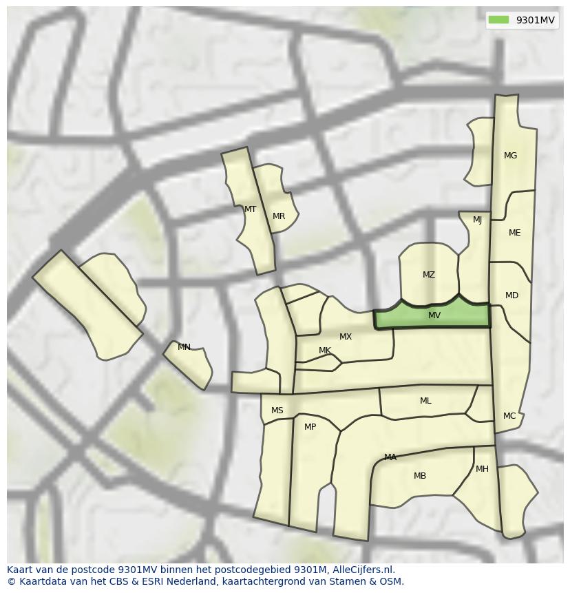 Afbeelding van het postcodegebied 9301 MV op de kaart.