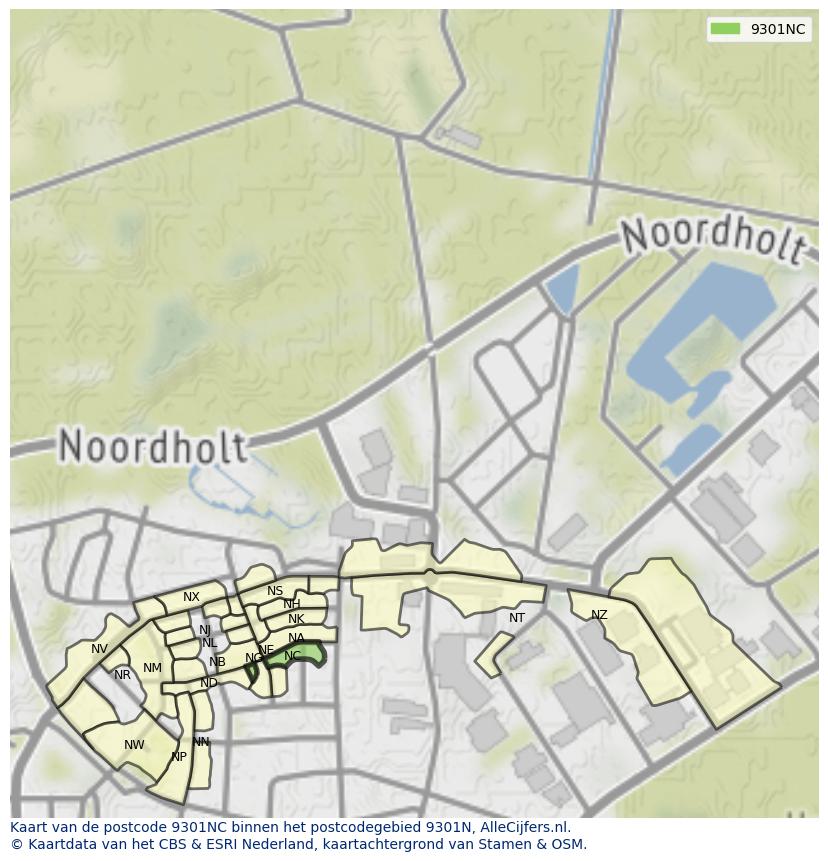 Afbeelding van het postcodegebied 9301 NC op de kaart.