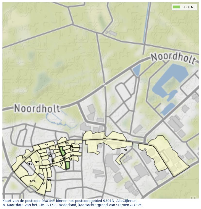 Afbeelding van het postcodegebied 9301 NE op de kaart.