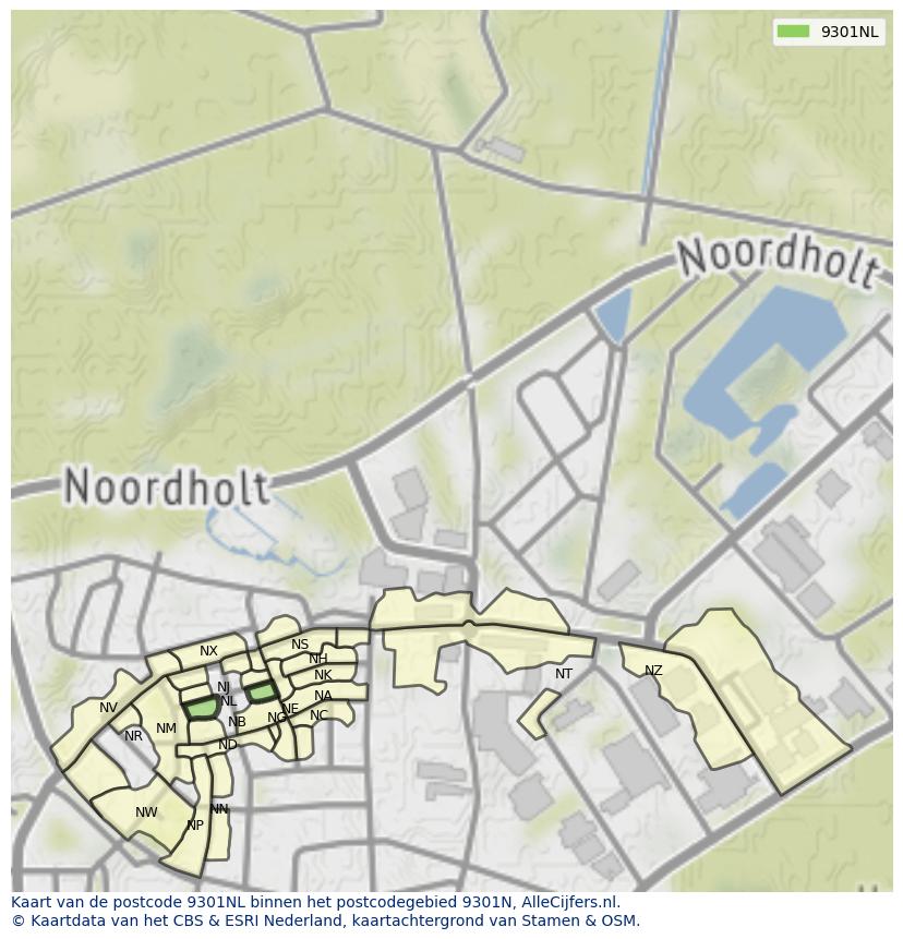 Afbeelding van het postcodegebied 9301 NL op de kaart.