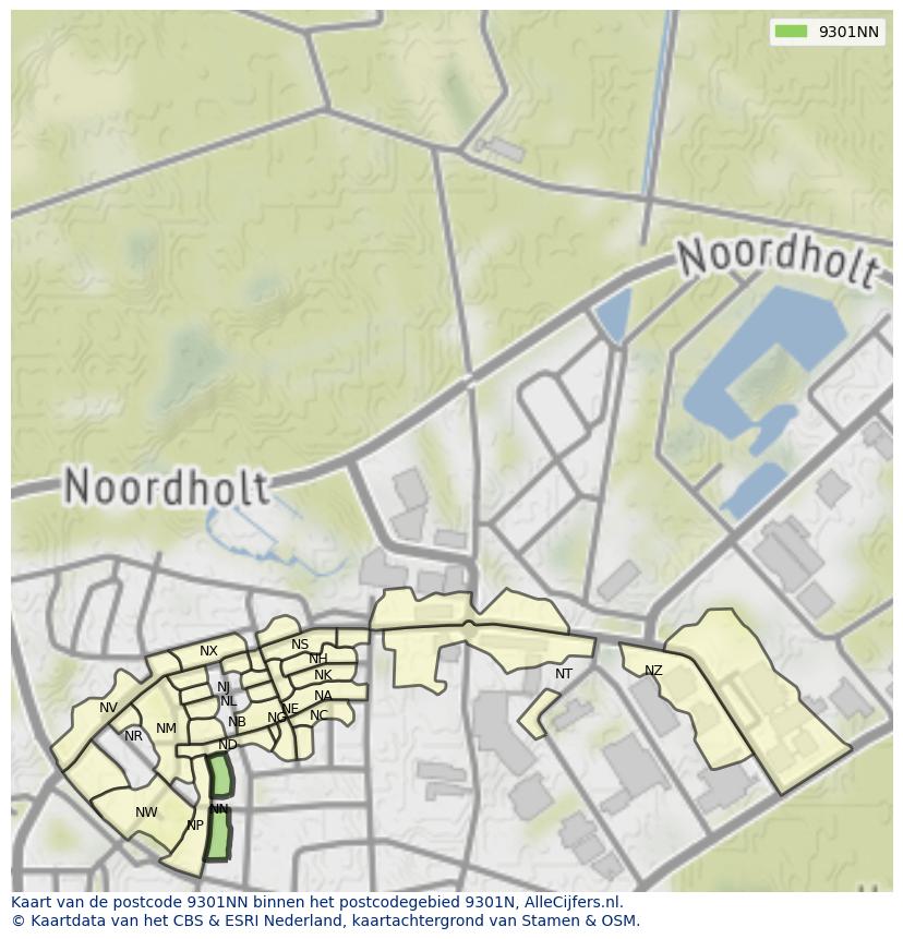 Afbeelding van het postcodegebied 9301 NN op de kaart.