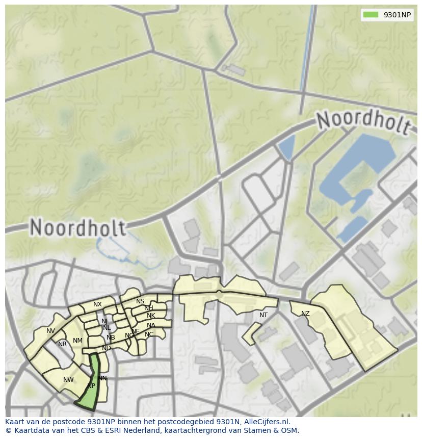 Afbeelding van het postcodegebied 9301 NP op de kaart.