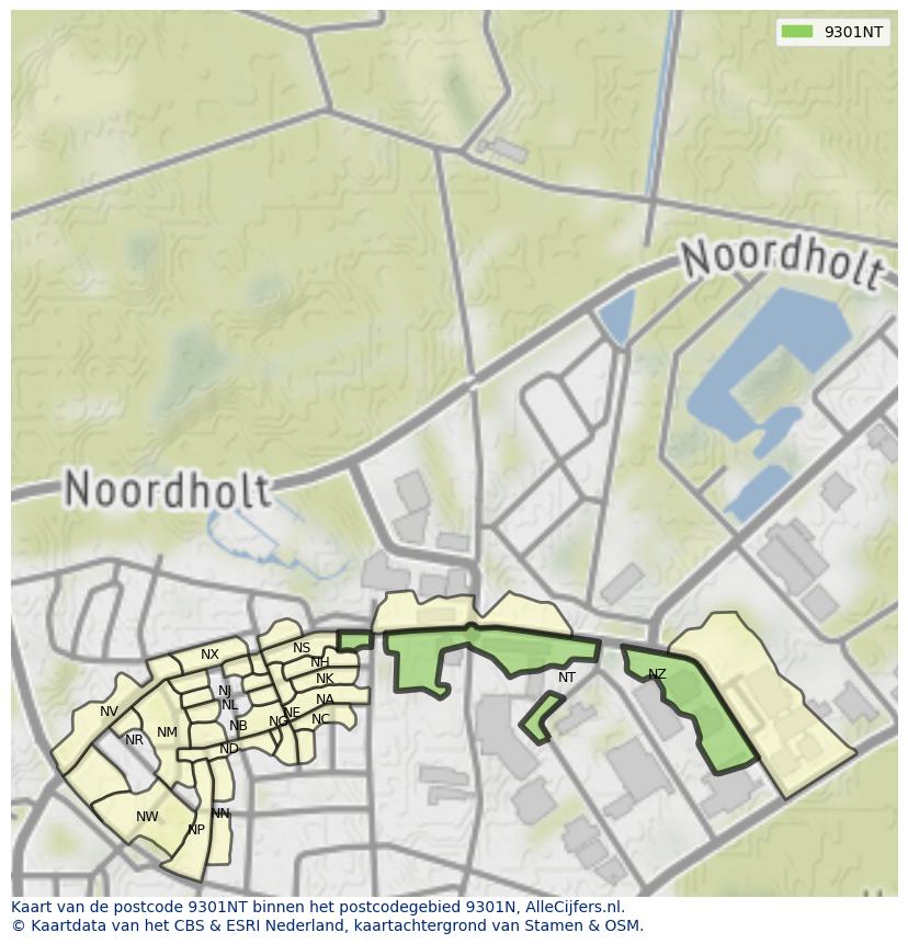 Afbeelding van het postcodegebied 9301 NT op de kaart.