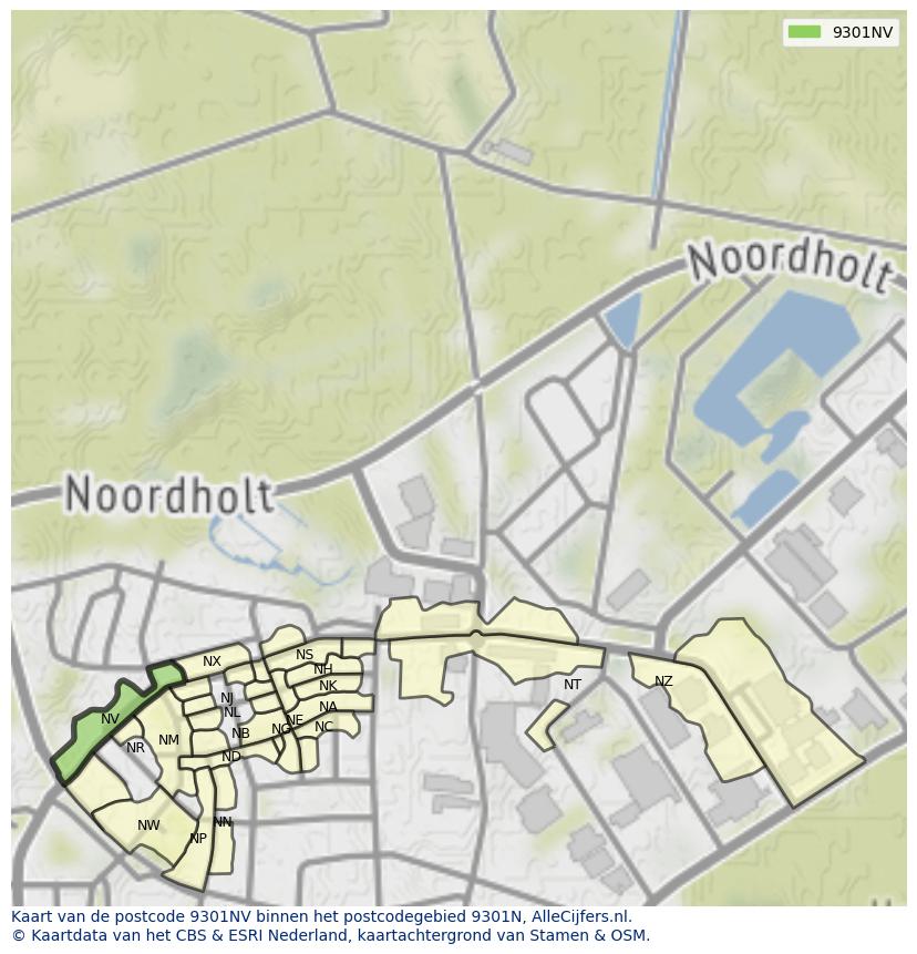 Afbeelding van het postcodegebied 9301 NV op de kaart.