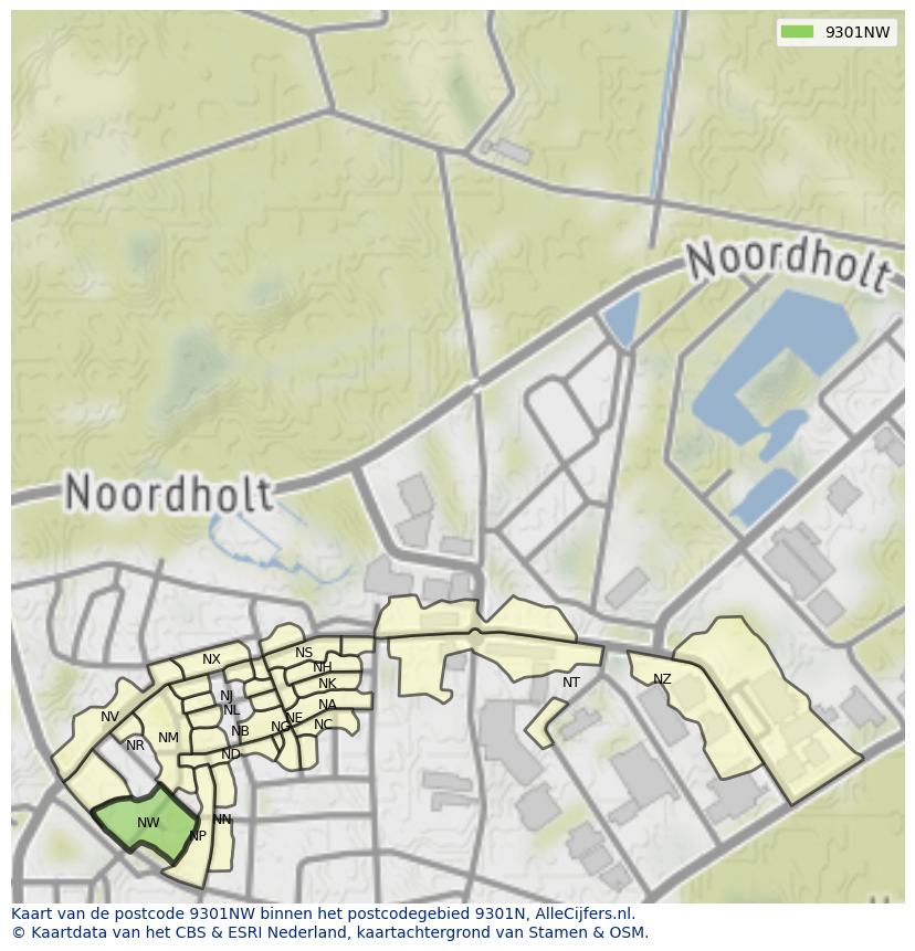 Afbeelding van het postcodegebied 9301 NW op de kaart.