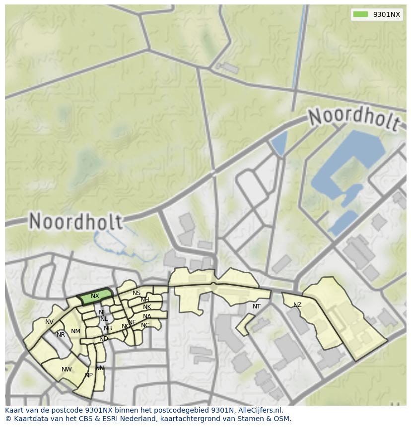 Afbeelding van het postcodegebied 9301 NX op de kaart.