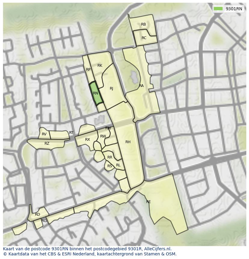 Afbeelding van het postcodegebied 9301 RN op de kaart.