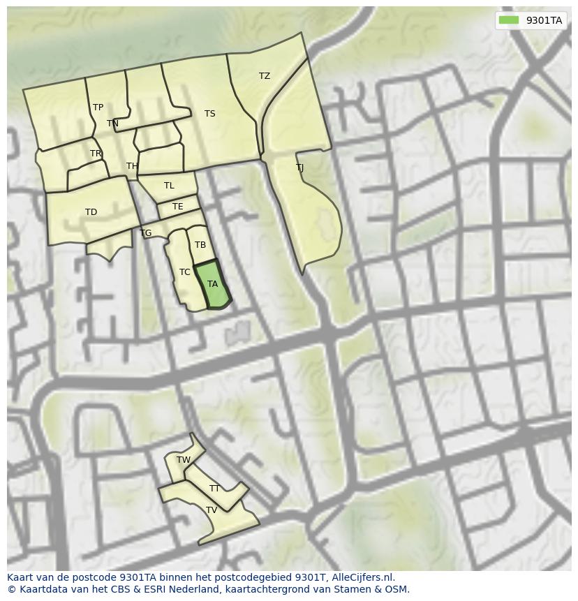 Afbeelding van het postcodegebied 9301 TA op de kaart.