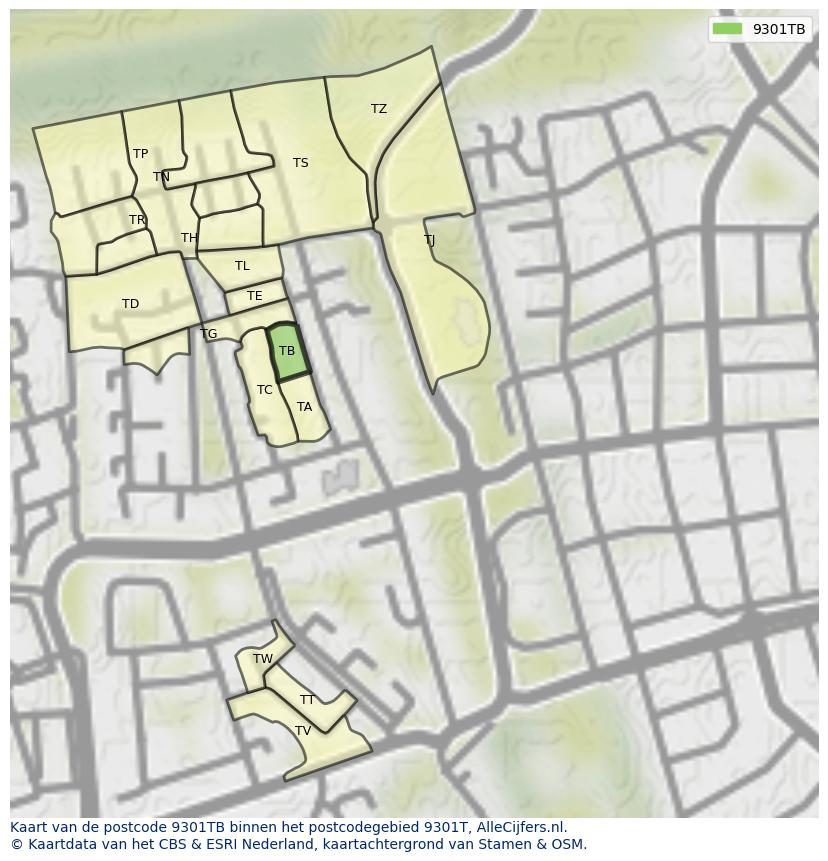 Afbeelding van het postcodegebied 9301 TB op de kaart.