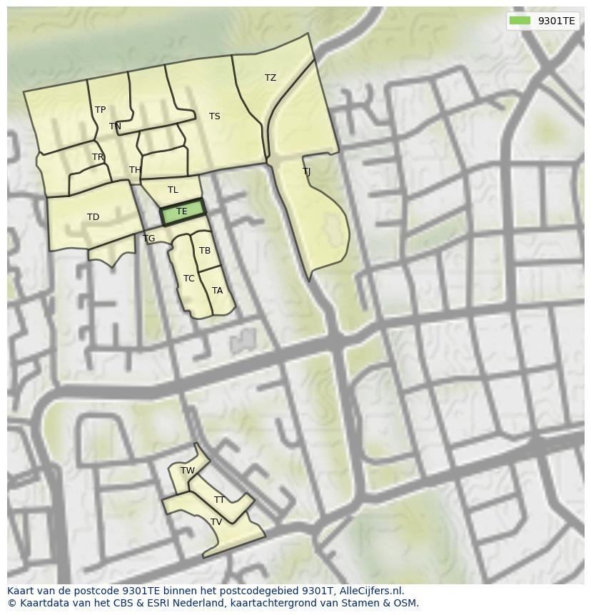 Afbeelding van het postcodegebied 9301 TE op de kaart.
