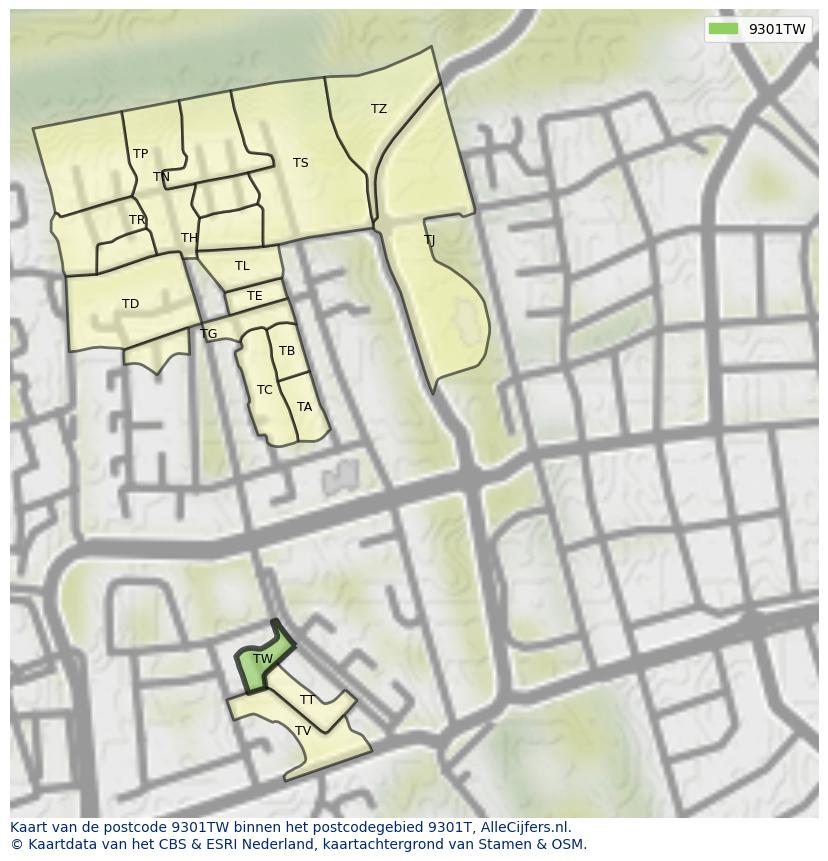 Afbeelding van het postcodegebied 9301 TW op de kaart.