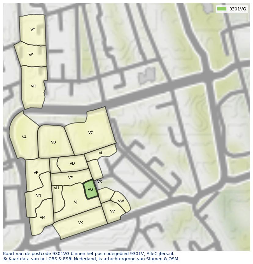 Afbeelding van het postcodegebied 9301 VG op de kaart.
